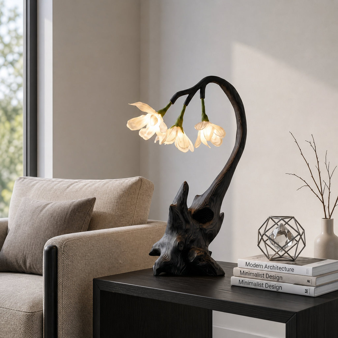 Contemporary Floral Table Lamp With Sculptural Wood Base For Bedroom And Living Room - product view 4