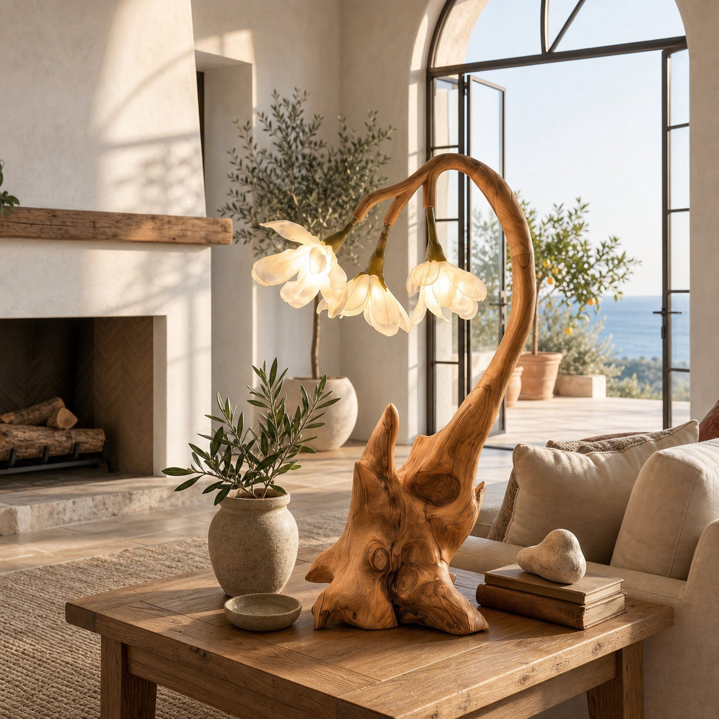 Contemporary Floral Table Lamp With Sculptural Wood Base For Bedroom And Living Room - product view 5