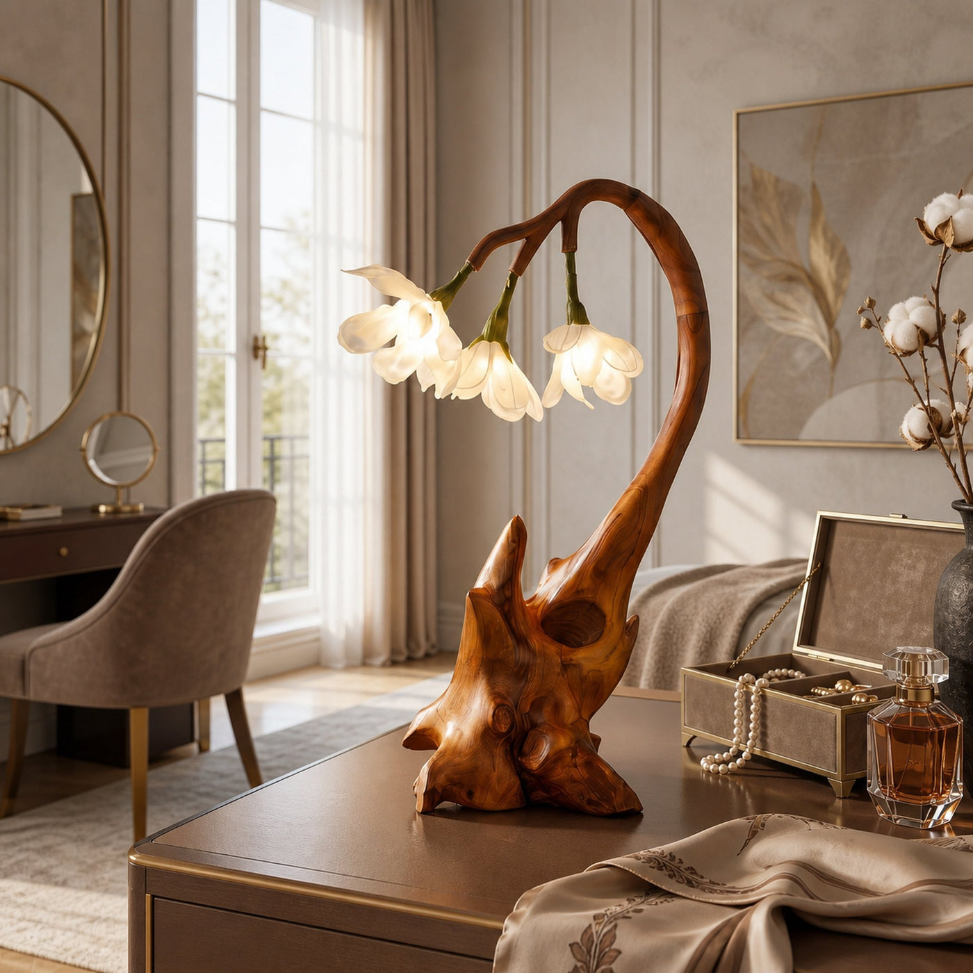 Contemporary Floral Table Lamp With Sculptural Wood Base For Bedroom And Living Room - product view 6