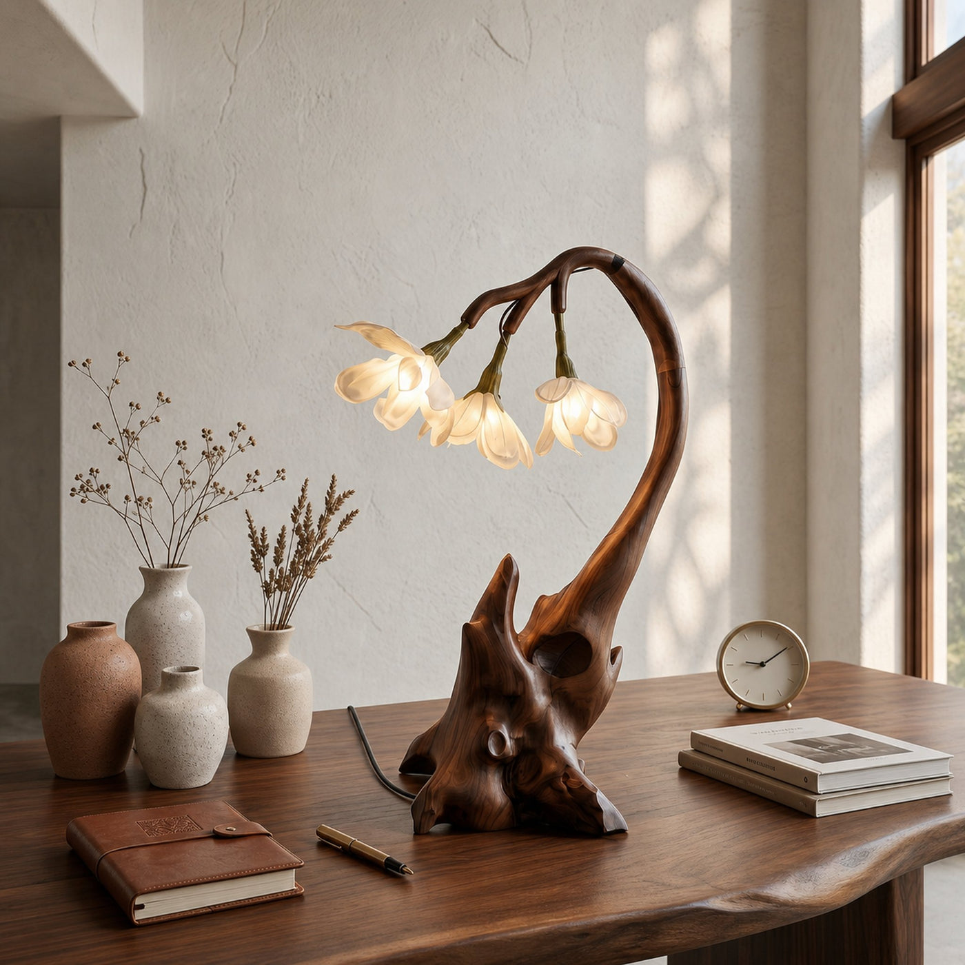 Contemporary Floral Table Lamp With Sculptural Wood Base For Bedroom And Living Room - product view 7