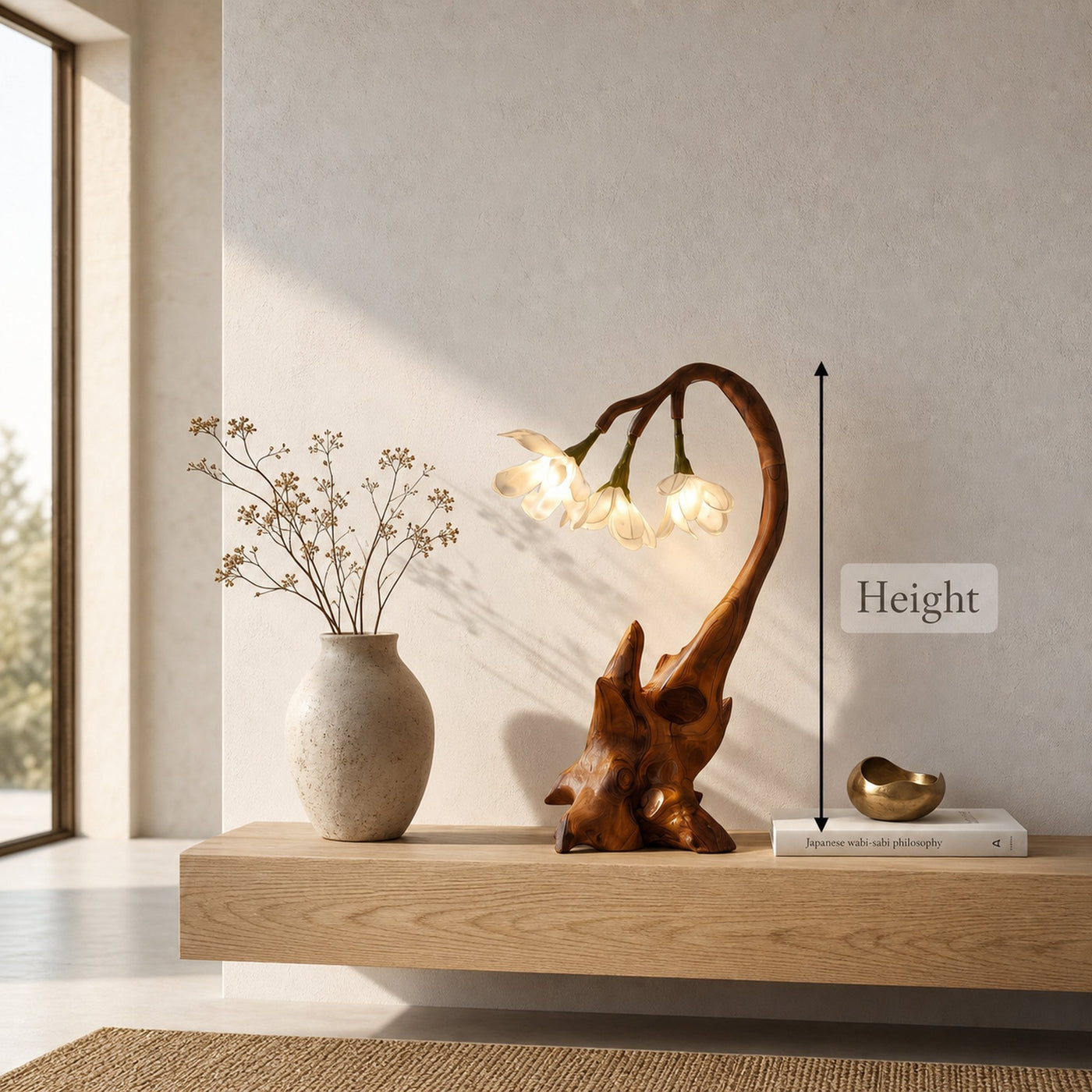 Contemporary Floral Table Lamp With Sculptural Wood Base For Bedroom And Living Room - product view 8