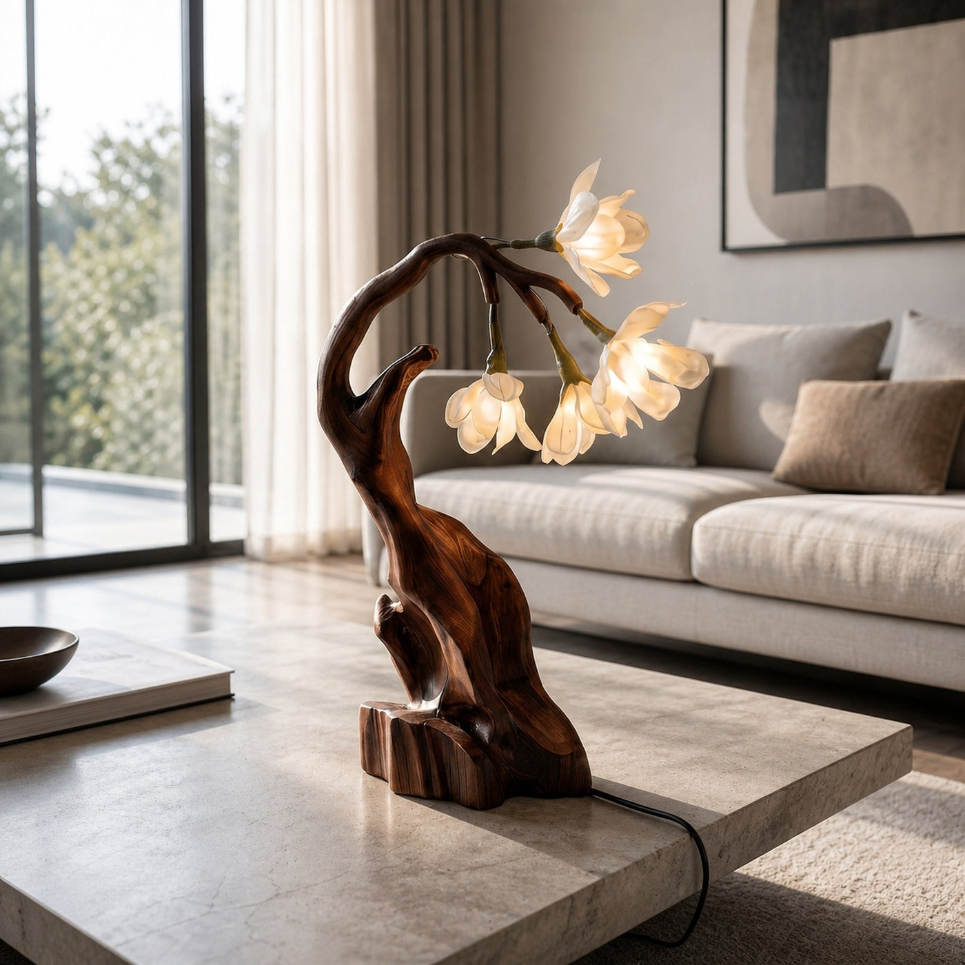 Contemporary Floral Table Lamp With Twisted Solid Wood Base For Bedroom And Living Room