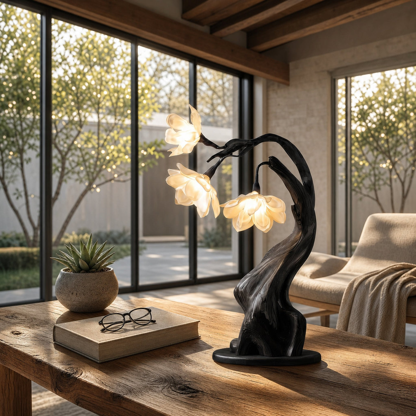 Contemporary Floral Table Lamp With Twisted Solid Wood Base For Bedroom And Living Room - product view 4