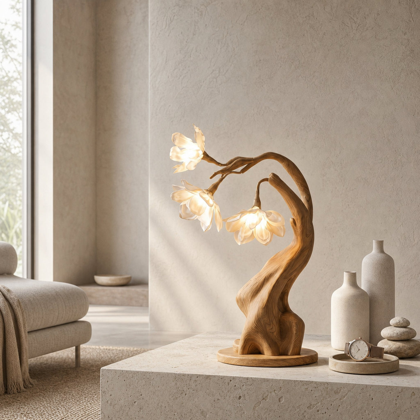 Contemporary Floral Table Lamp With Twisted Solid Wood Base For Bedroom And Living Room - product view 5