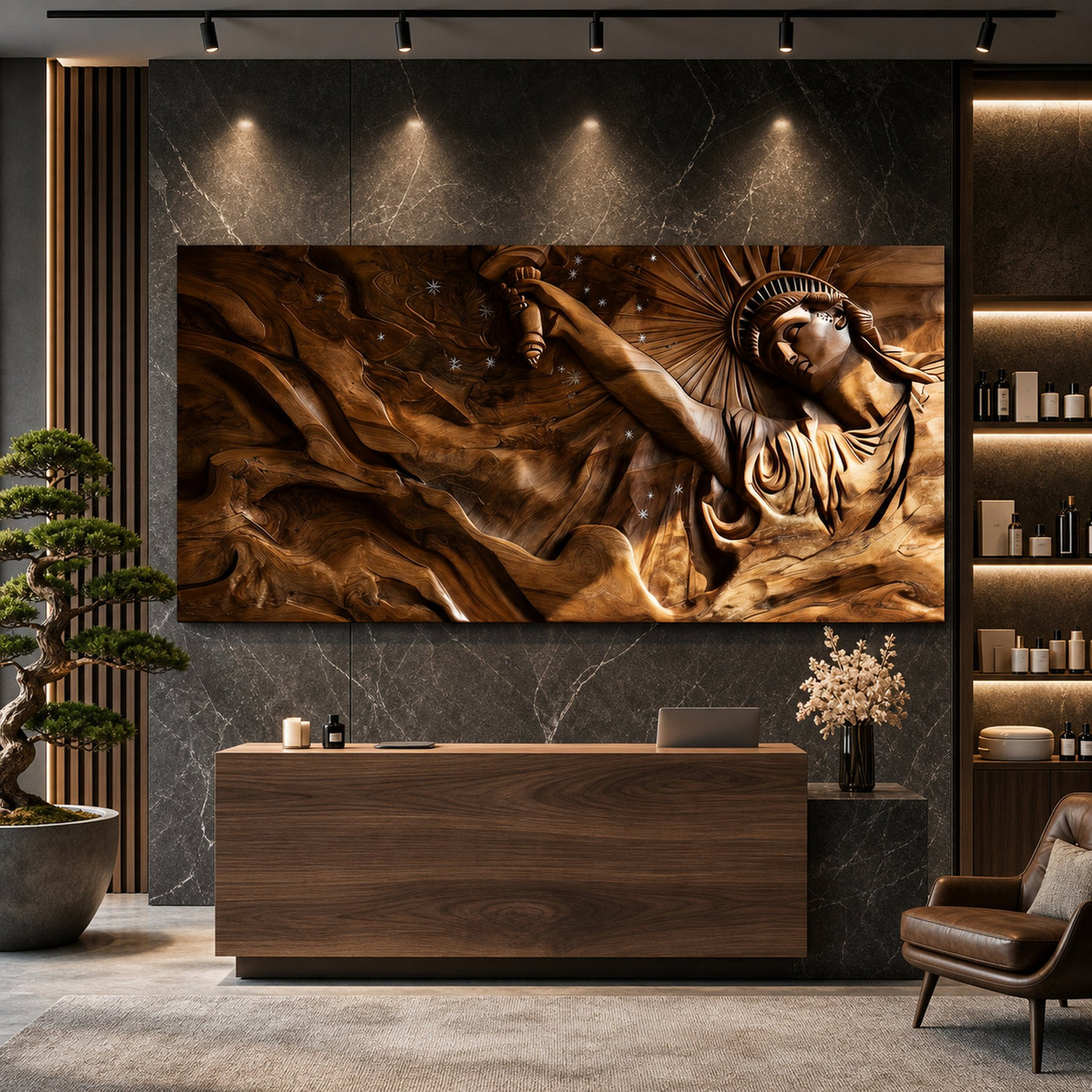 Contemporary Luxe Liberty Wood Wall Art Reception Lobby Interior Design