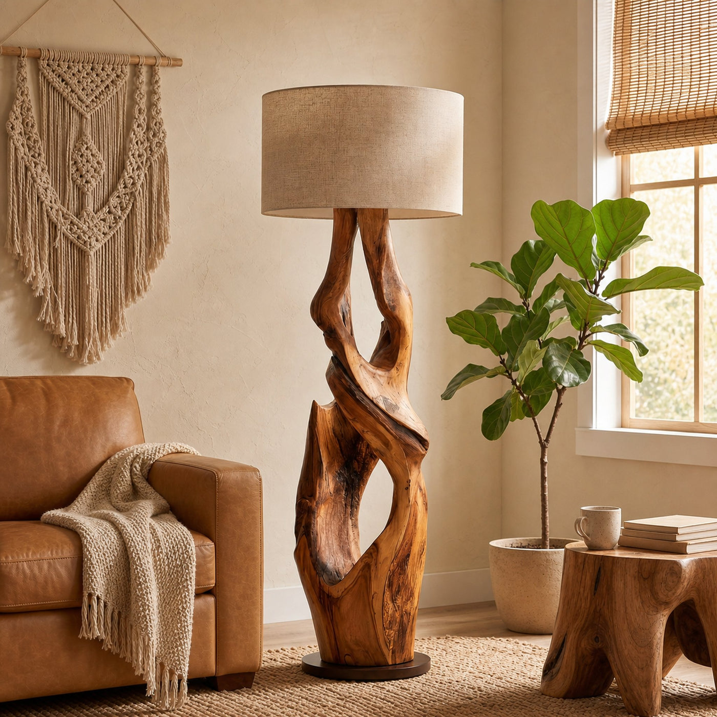 Contemporary Organic Floor Lamp With Artistic Hollow Wood Structure For Living Room