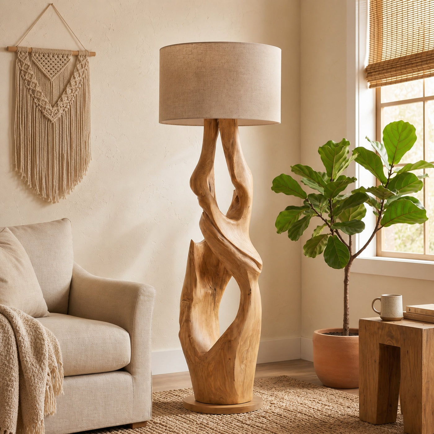 Contemporary Organic Floor Lamp With Artistic Hollow Wood Structure For Living Room - product view 5