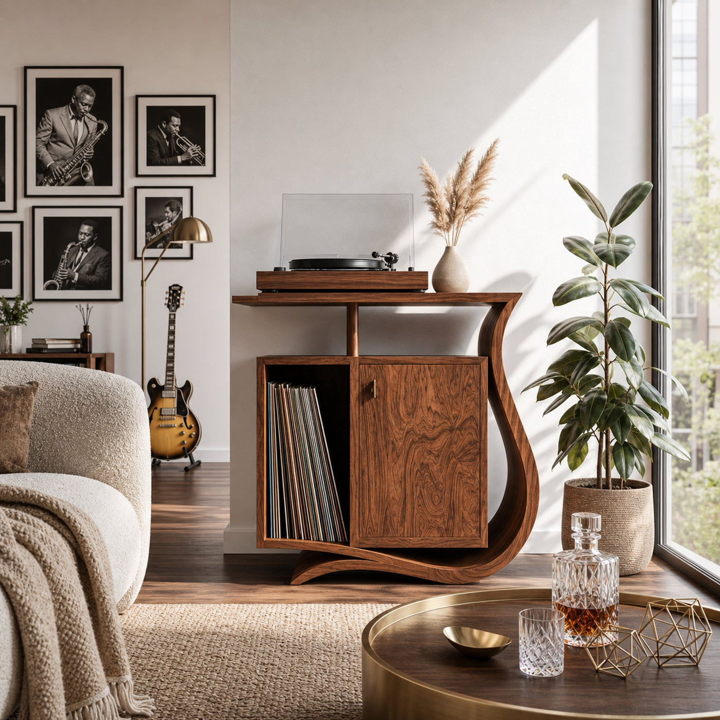 Contemporary Record Player Stand With Asymmetrical Form For Living Room