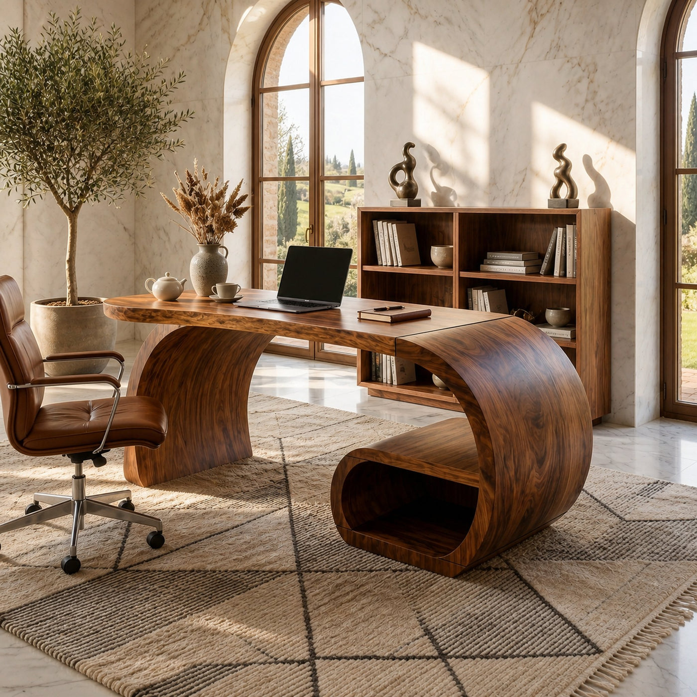 Contemporary Sculpted Desk With Side Shelf For Studio Interior