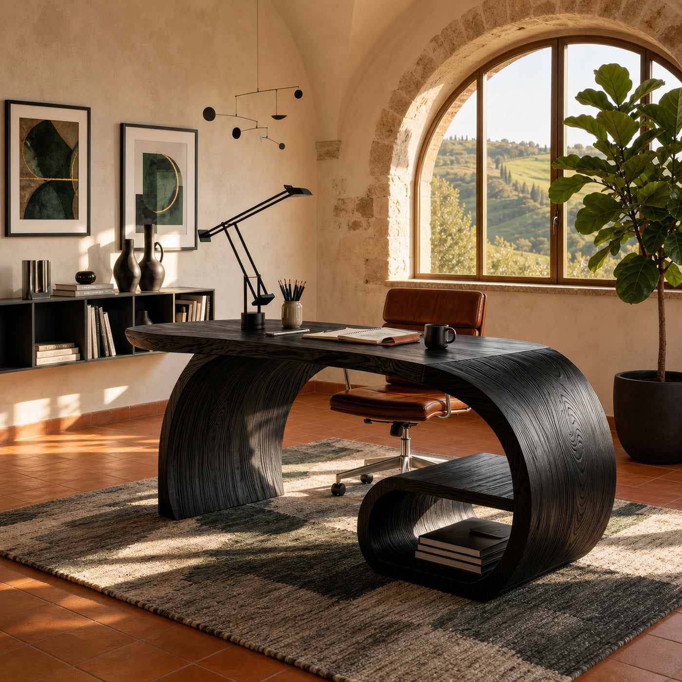 Contemporary Sculpted Desk With Side Shelf For Studio Interior - product view 4