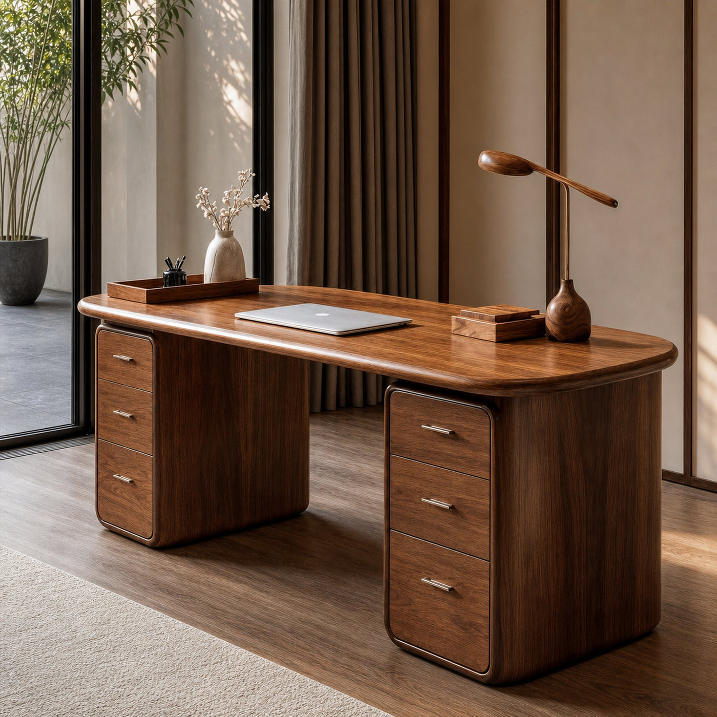 Contemporary Wood Desk With Built In Drawers For Home Office