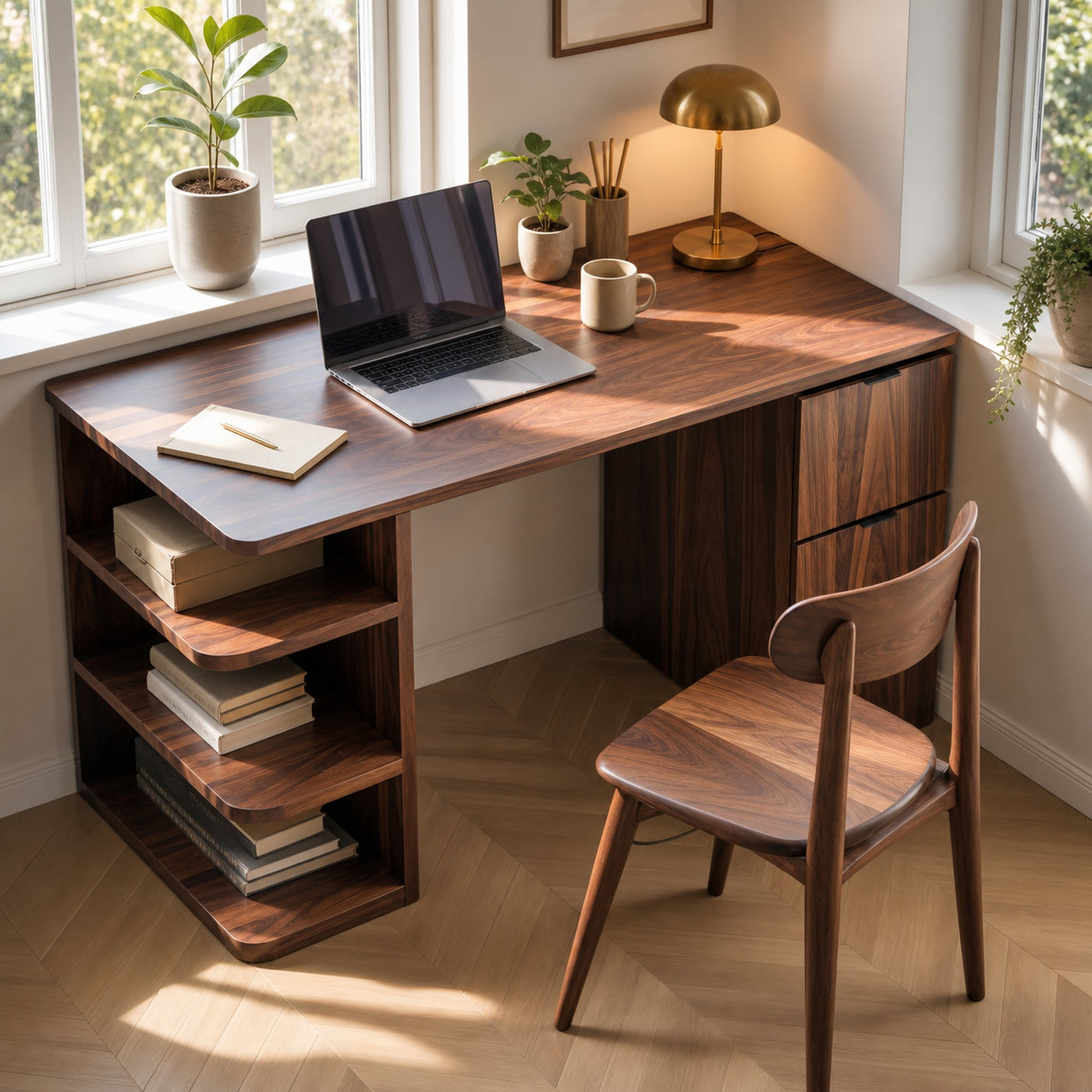 Contemporary Wooden Desk With Shelves And Drawers For Home Office