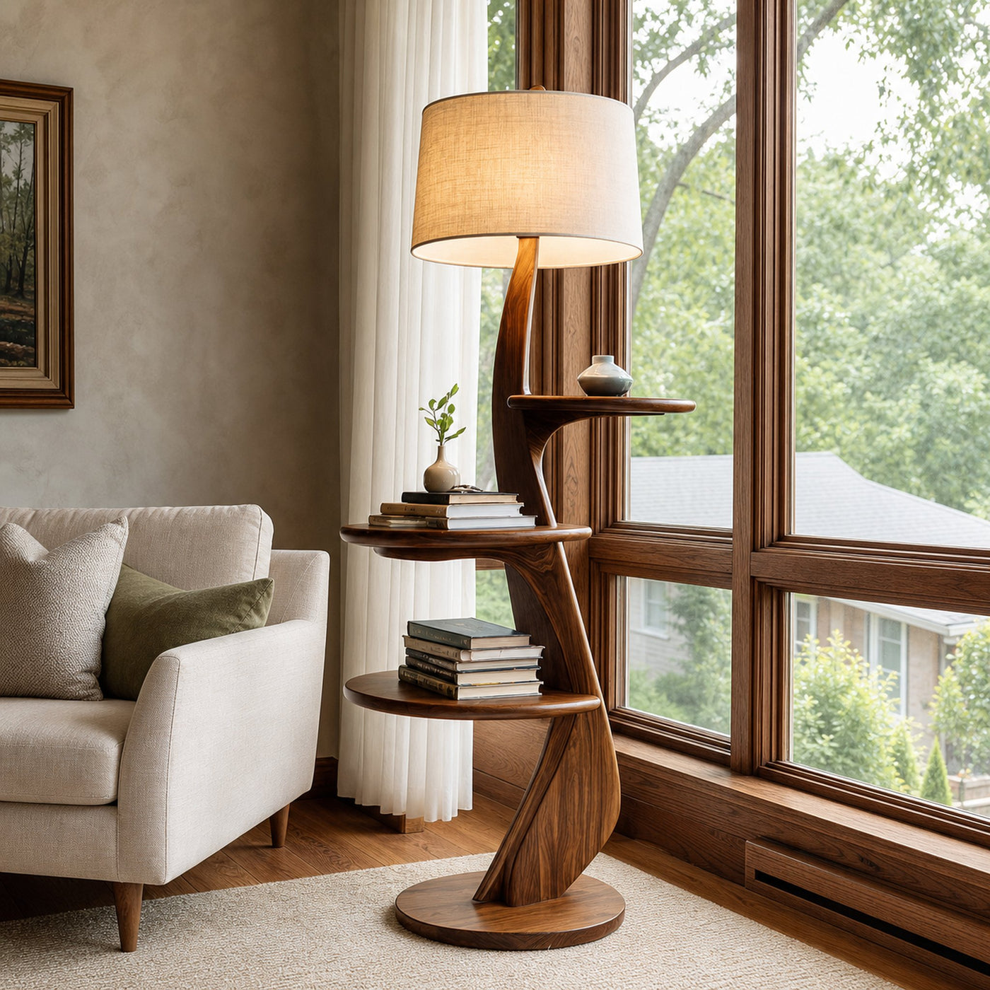 Contemporary Wooden Floor Lamp With Shelf For Living Room