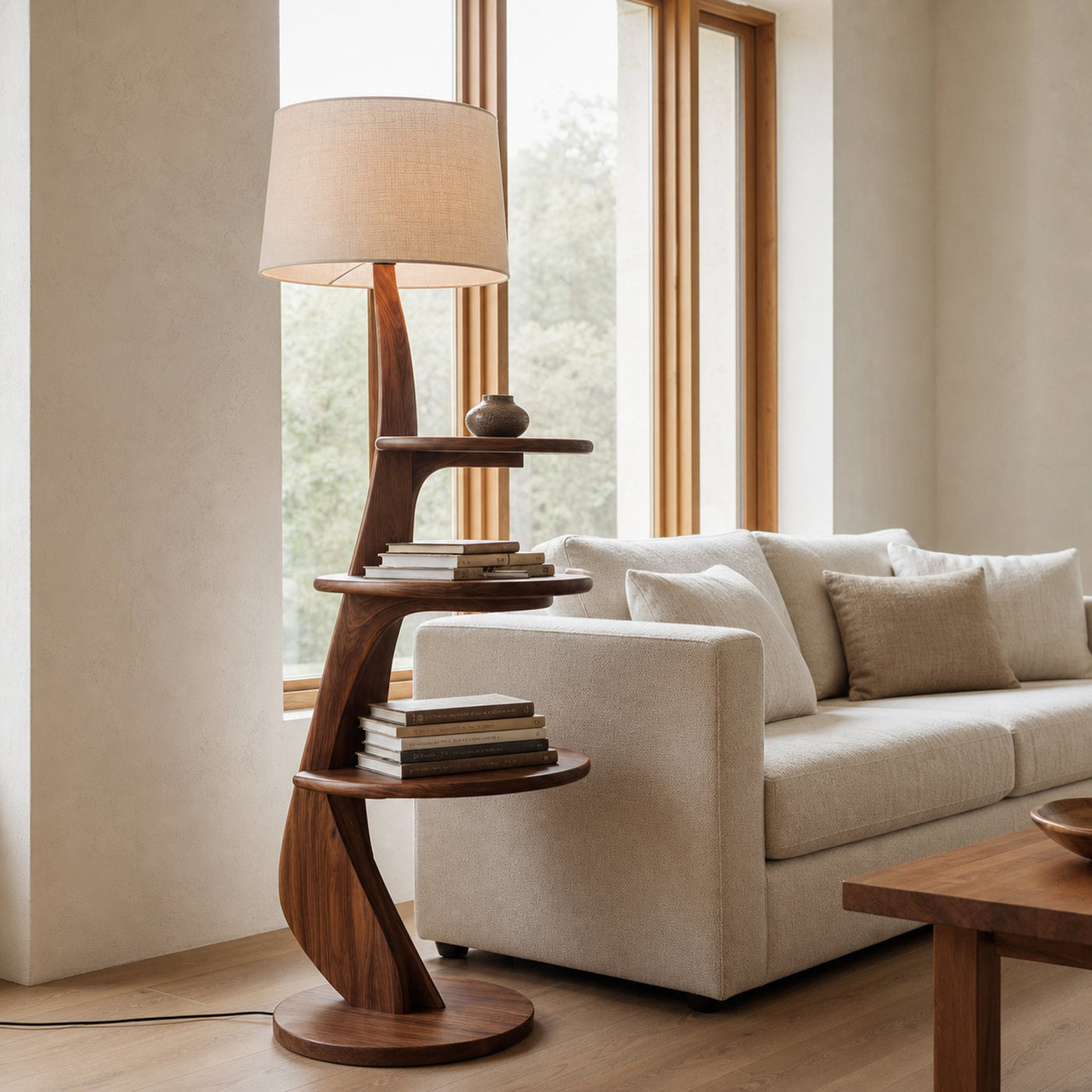Contemporary Wooden Floor Lamp With Shelf For Living Room - product view 3