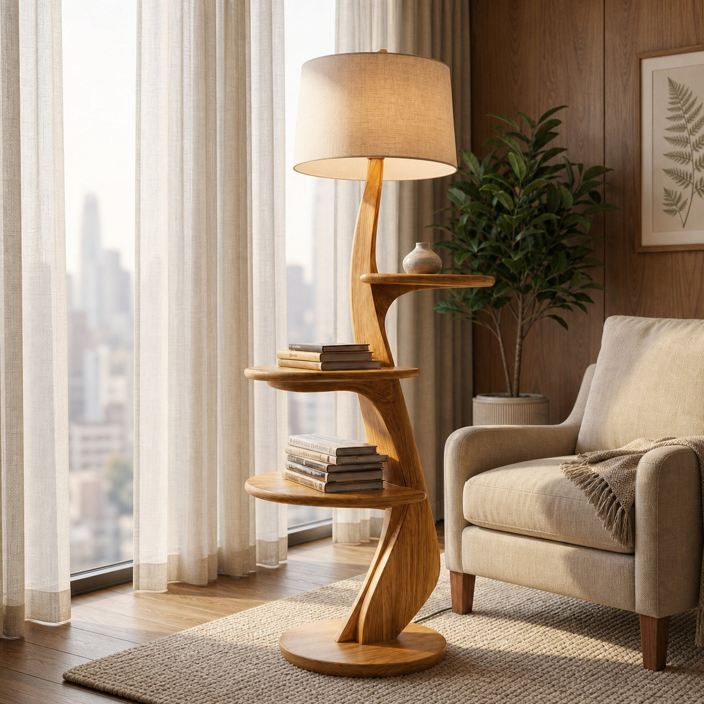 Contemporary Wooden Floor Lamp With Shelf For Living Room - product view 5