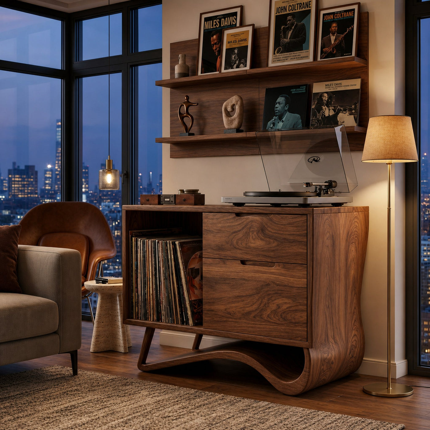 Contemporary Wooden Record Player Stand With Curved Base For Home