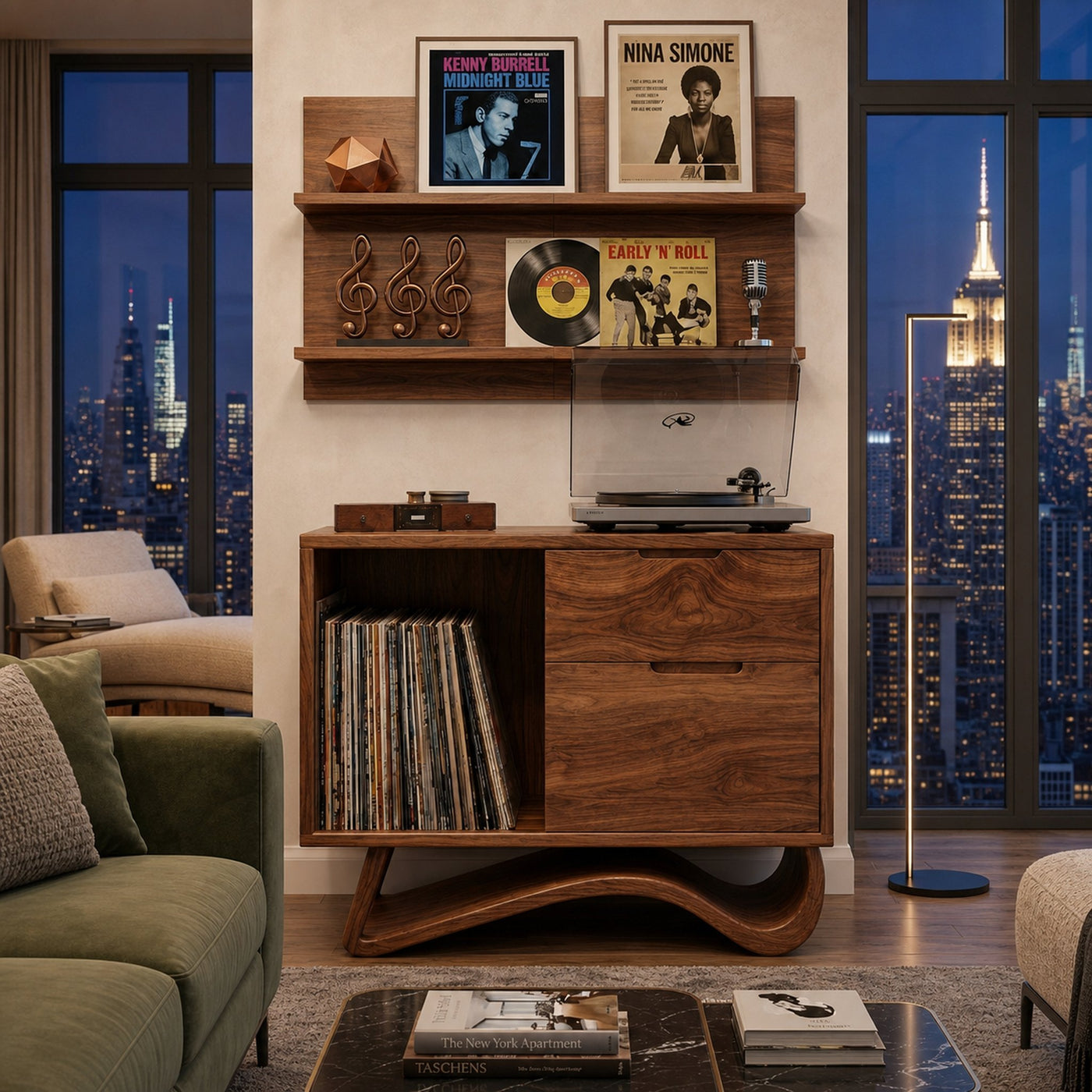 Contemporary Wooden Record Player Stand With Curved Base For Home - product view 2