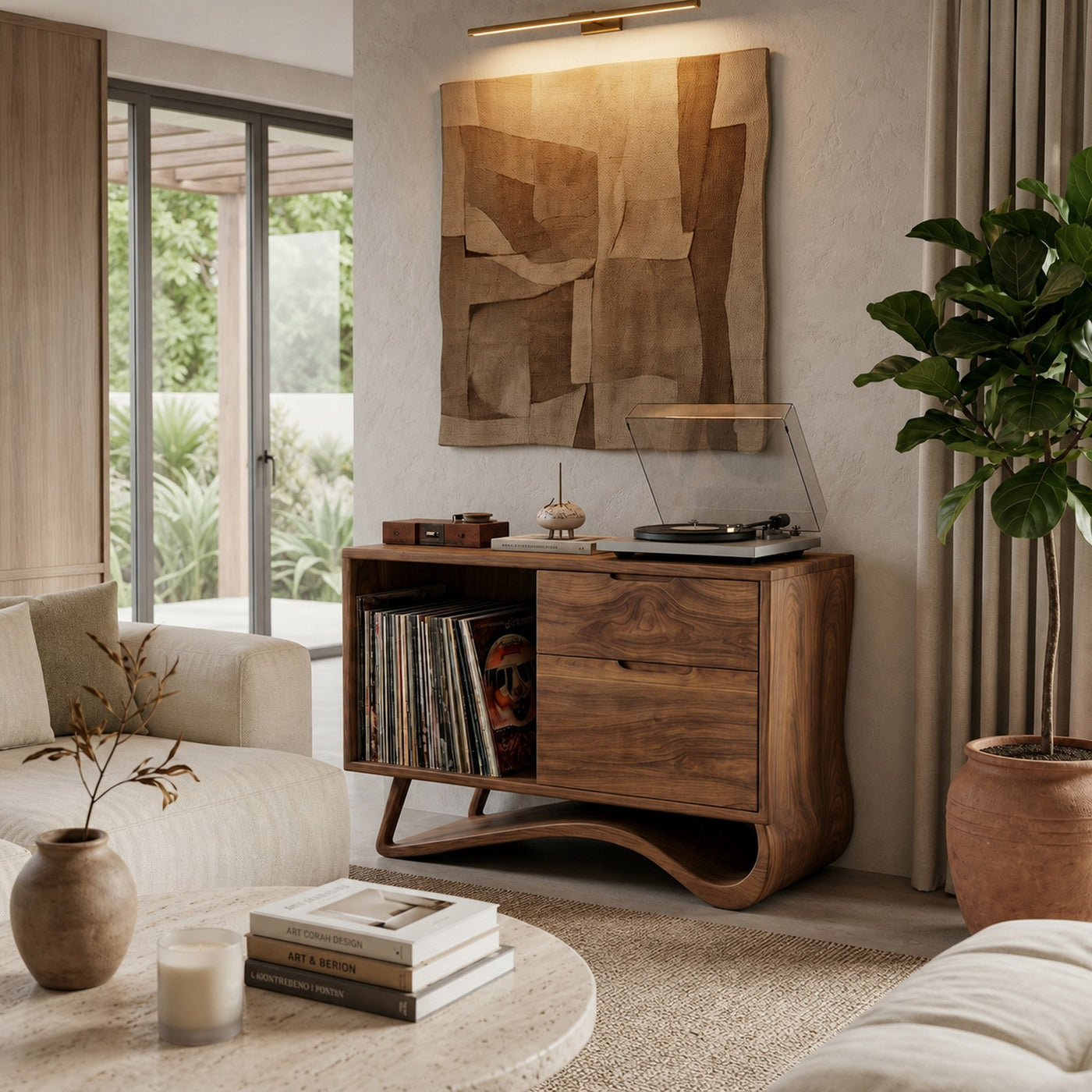 Contemporary Wooden Record Player Stand With Curved Base For Home - product view 3