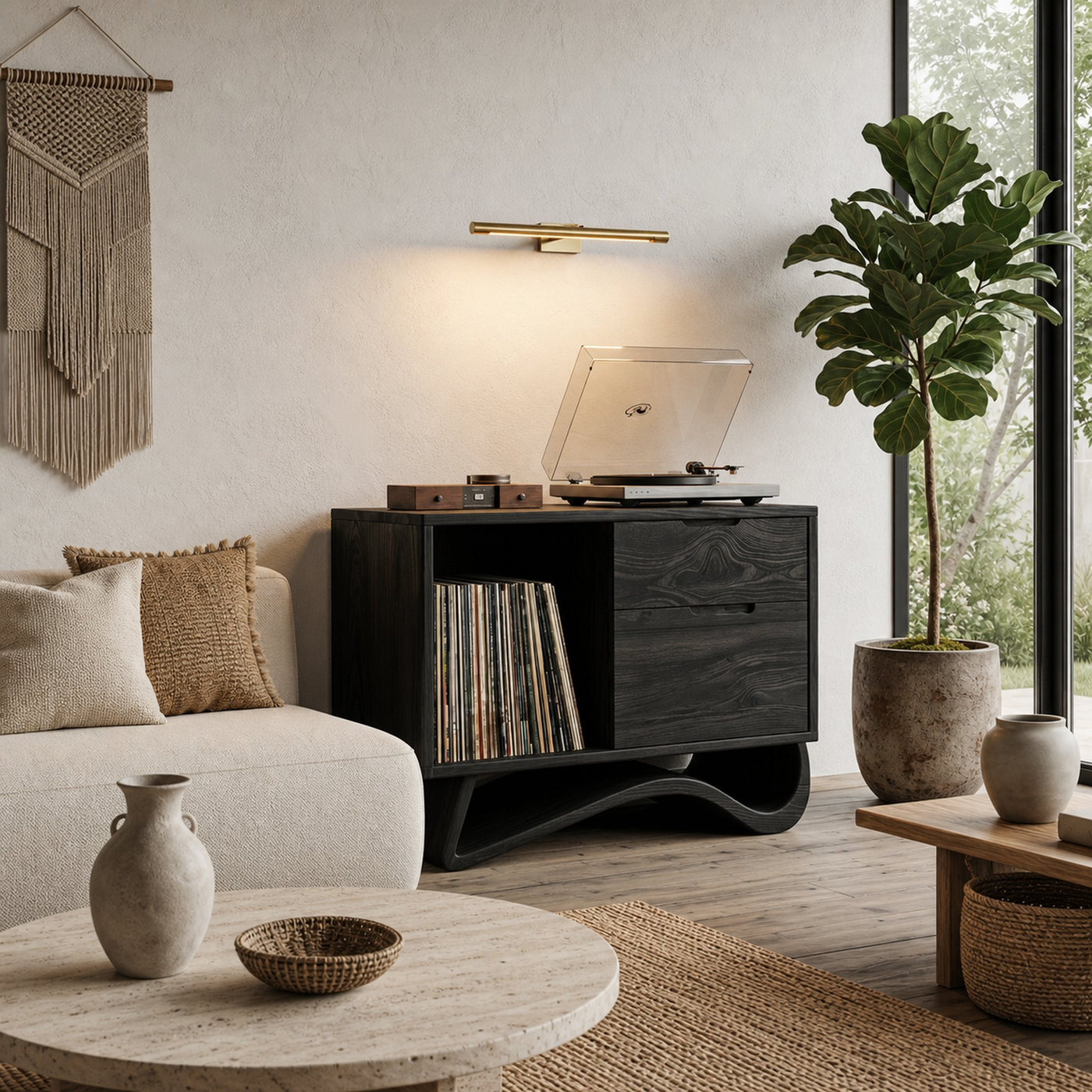 Contemporary Wooden Record Player Stand With Curved Base For Home - product view 4