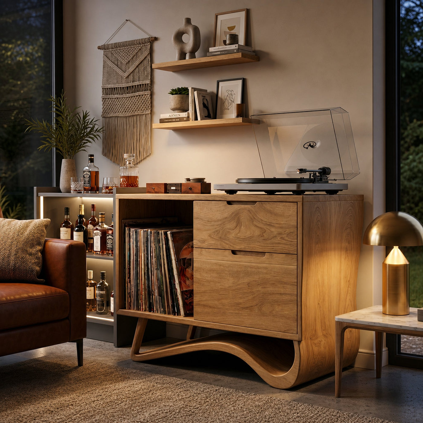 Contemporary Wooden Record Player Stand With Curved Base For Home - product view 5