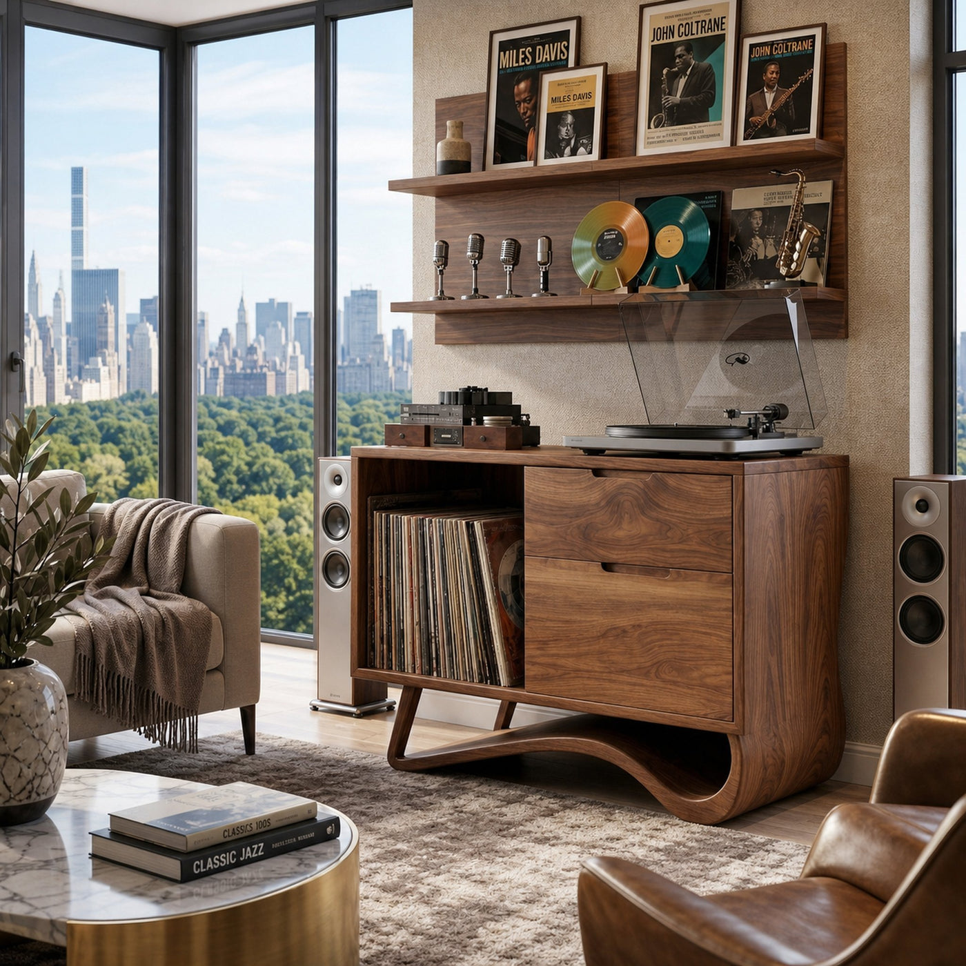 Contemporary Wooden Record Player Stand With Curved Base For Home - product view 6