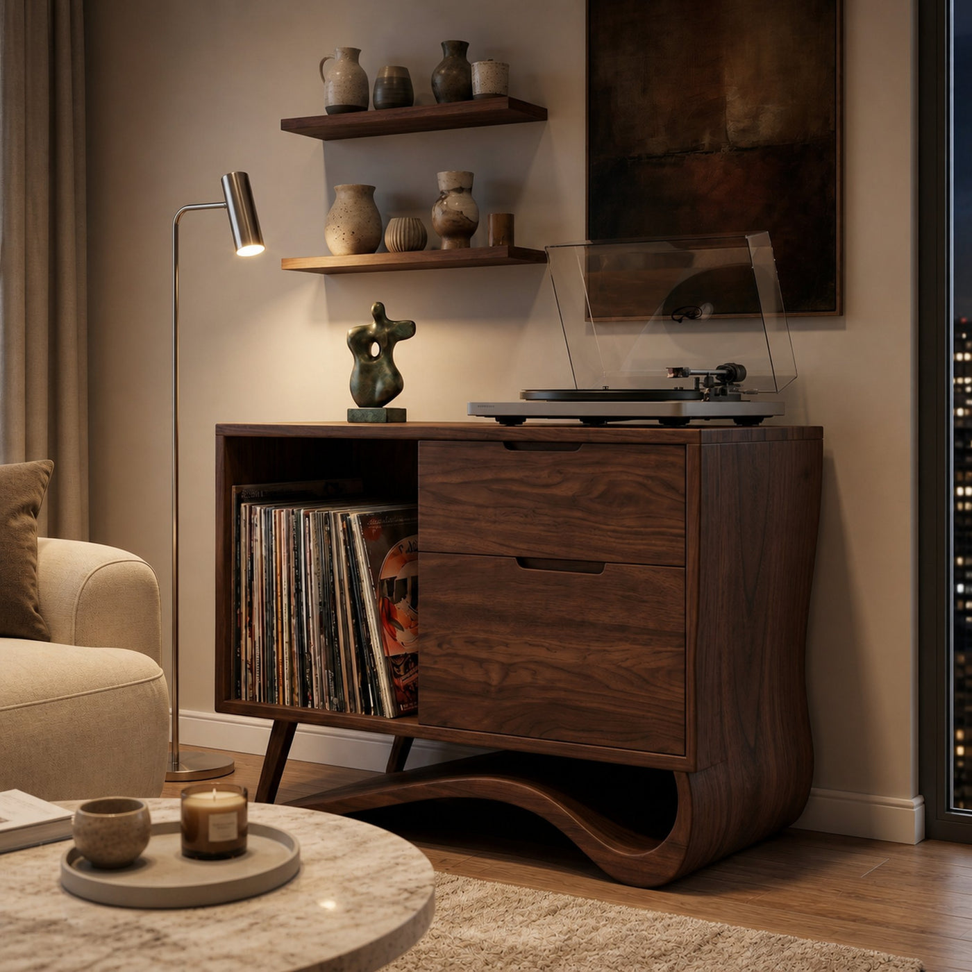 Contemporary Wooden Record Player Stand With Curved Base For Home - product view 7