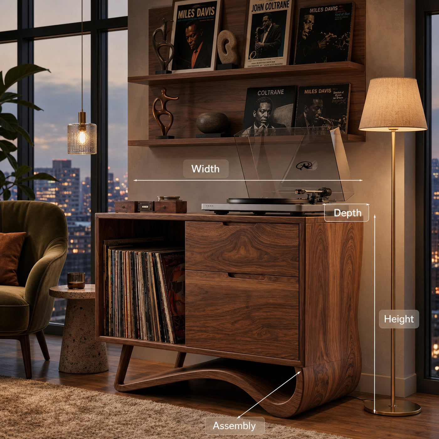 Contemporary Wooden Record Player Stand With Curved Base For Home - product view 8