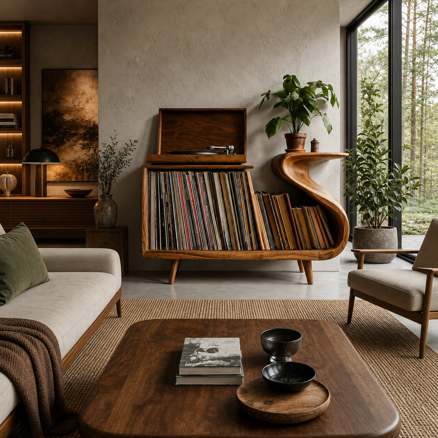 Elegant Record Player Stand With Sculptural Flowing Form For Living
