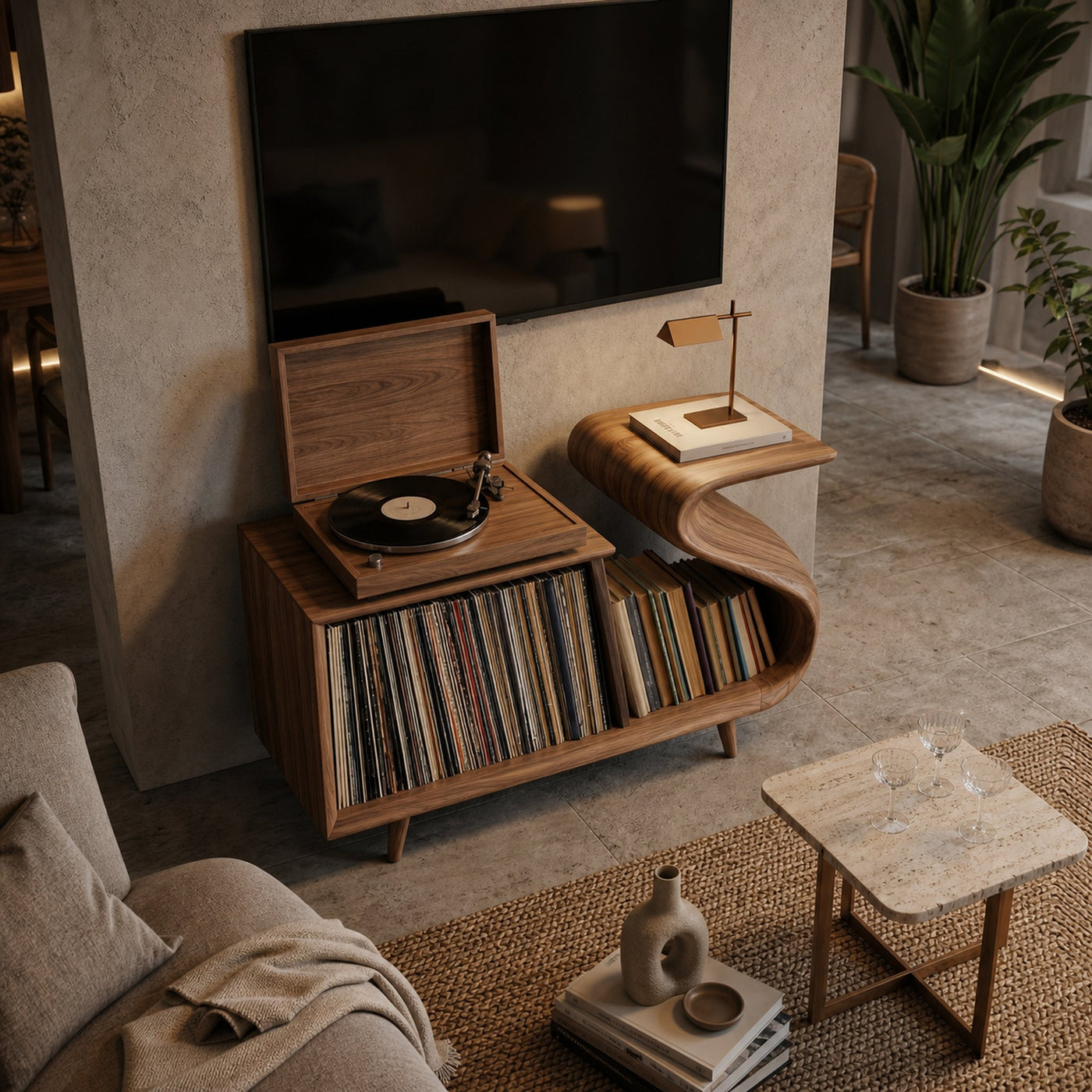 Elegant Record Player Stand With Sculptural Flowing Form For Living - product view 3
