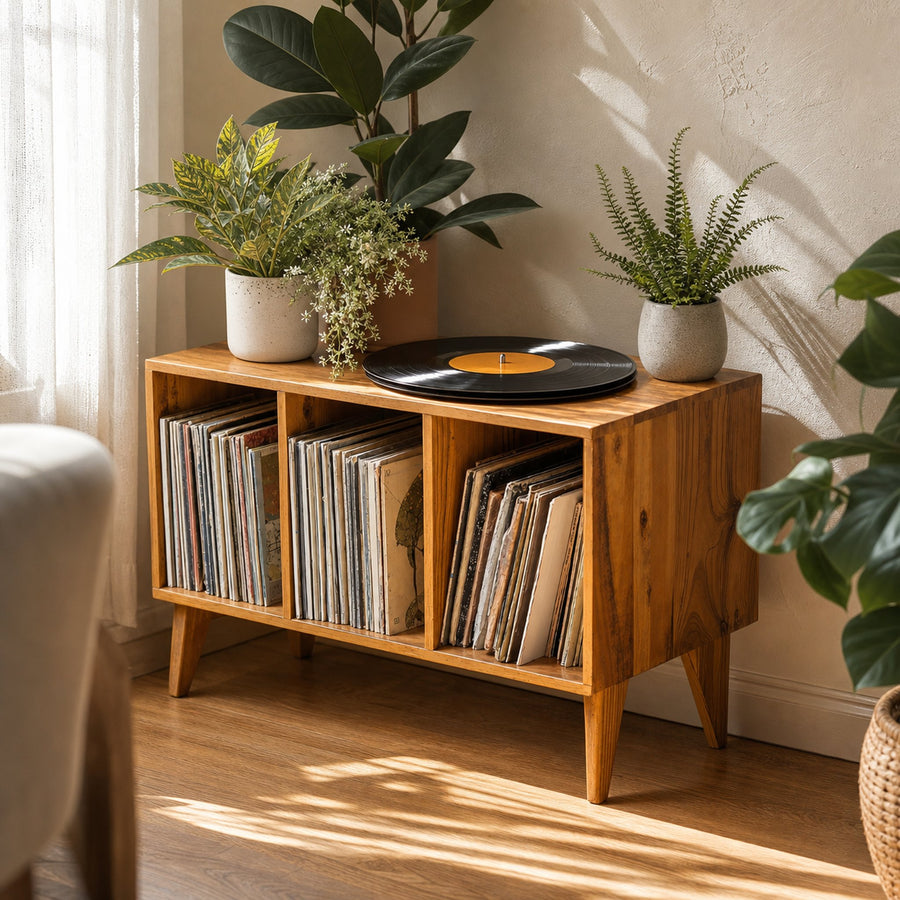 Farmhouse Record Stand For Vinyl Collection In Entryway Area