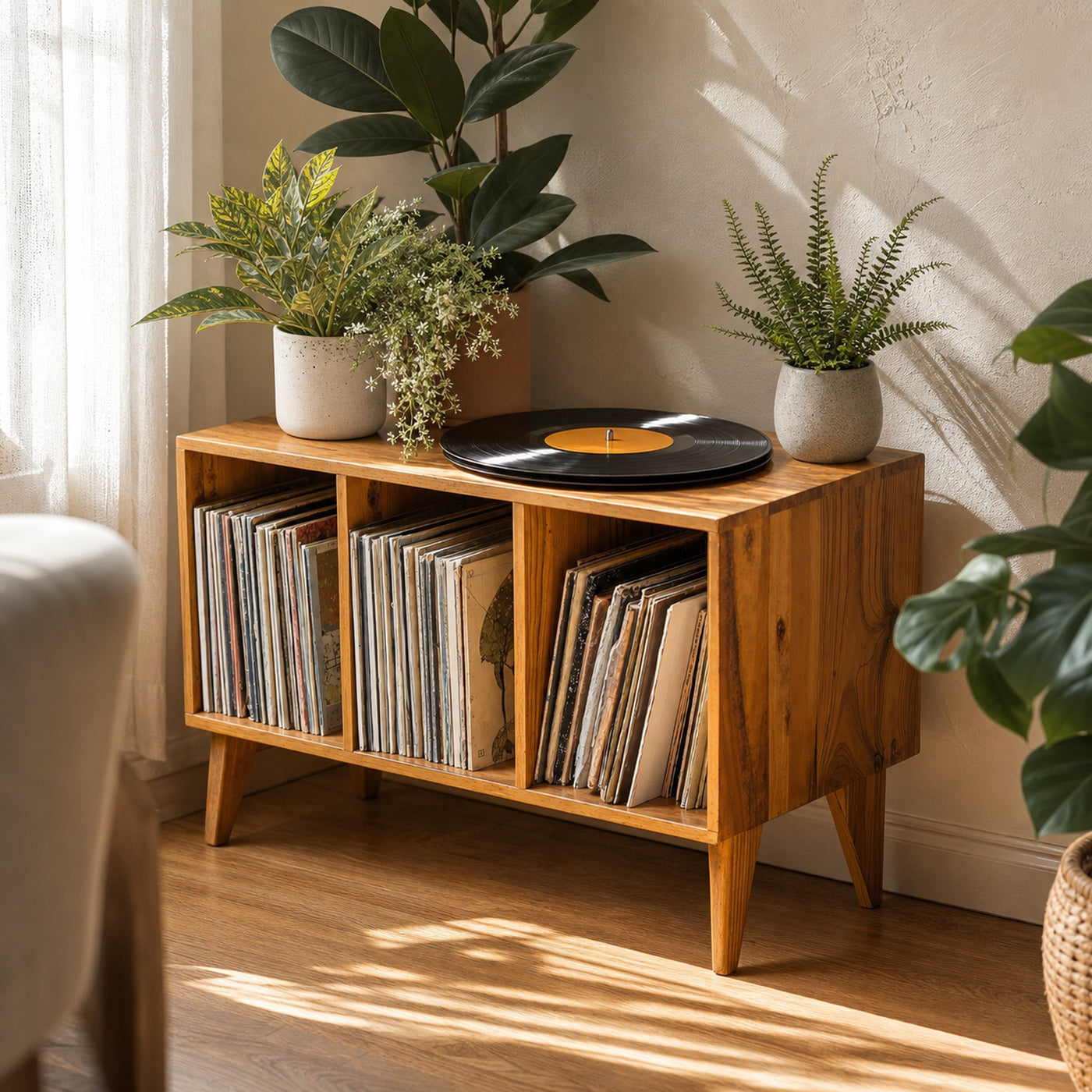 Farmhouse Record Stand For Vinyl Collection In Entryway Area