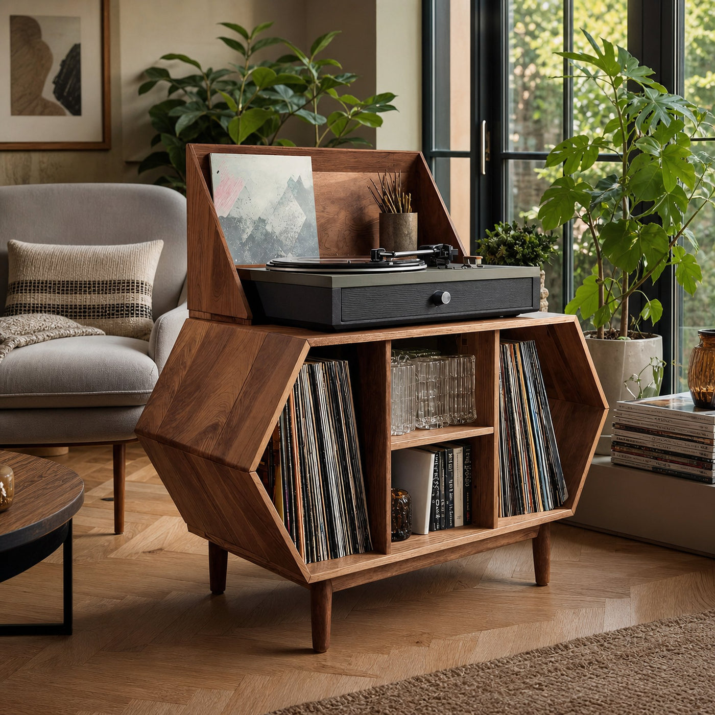 Farmhouse Solid Wood Record Stand For Entryway Furniture Decor