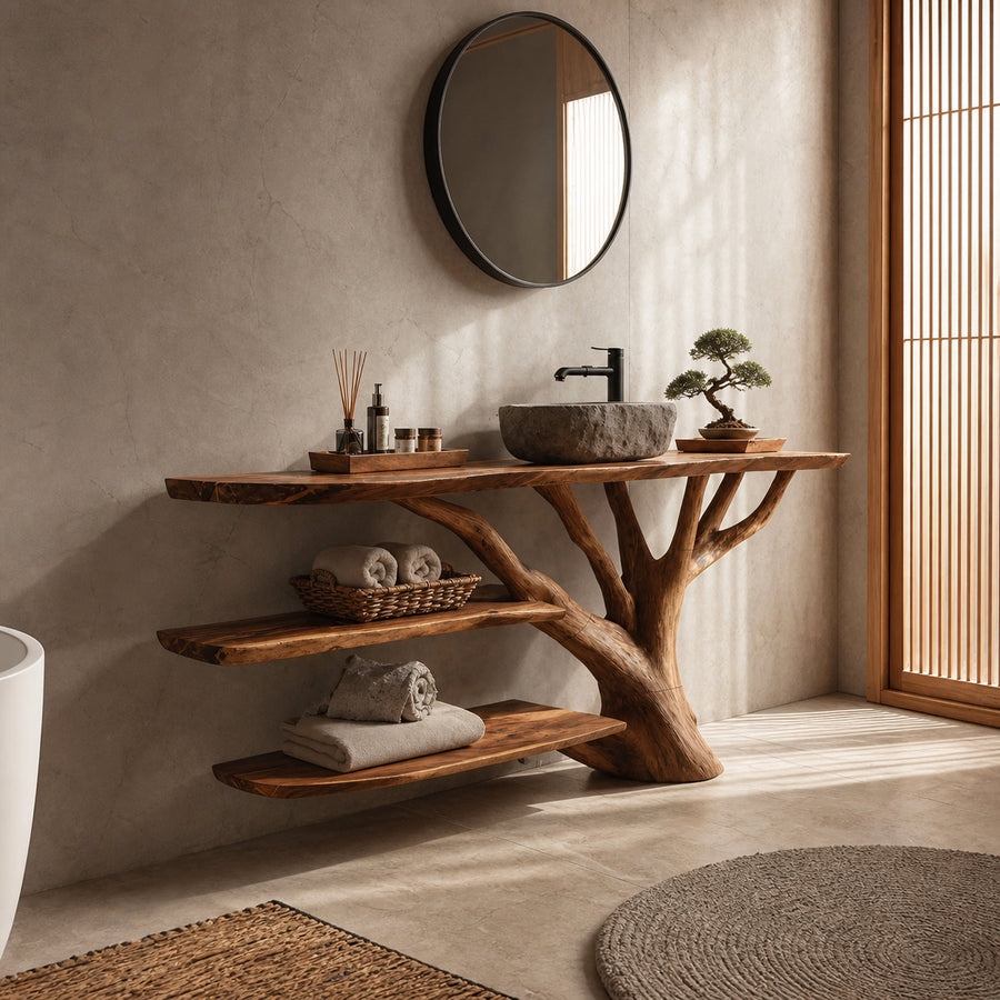 Farmhouse Wooden Live Edge Bathroom Vanity For Rustic Bathroom Design