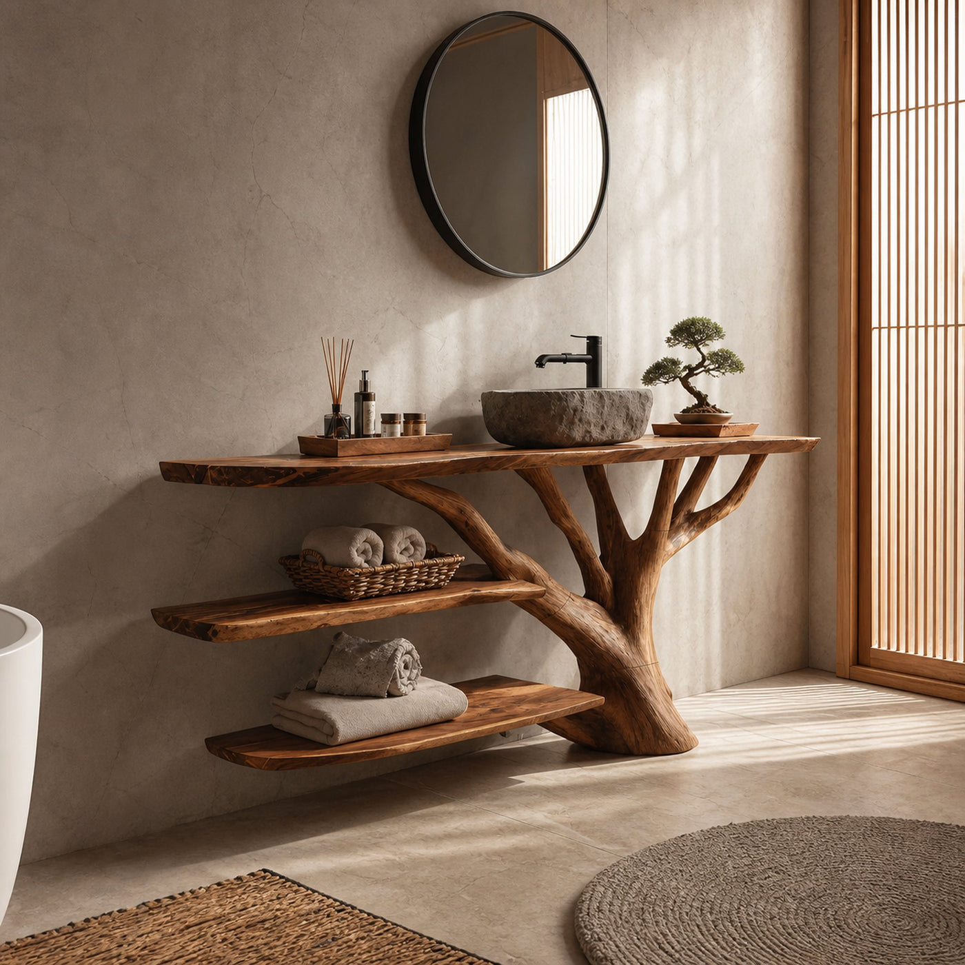 Farmhouse Wooden Live Edge Bathroom Vanity For Rustic Bathroom Design