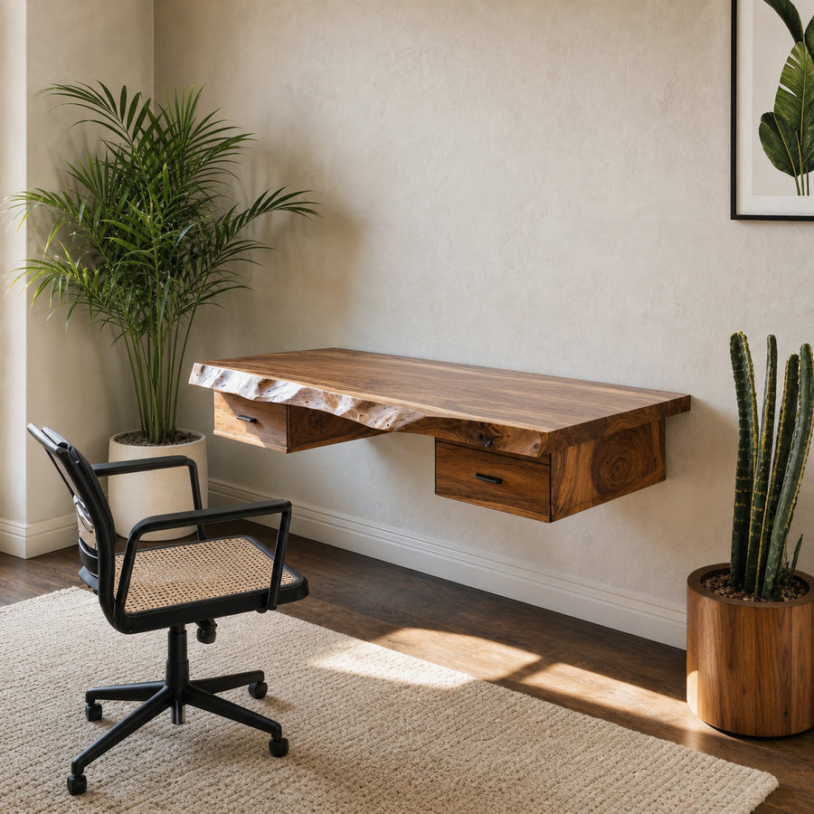Floating Live Edge Desk With 2 Drawers For Home Office