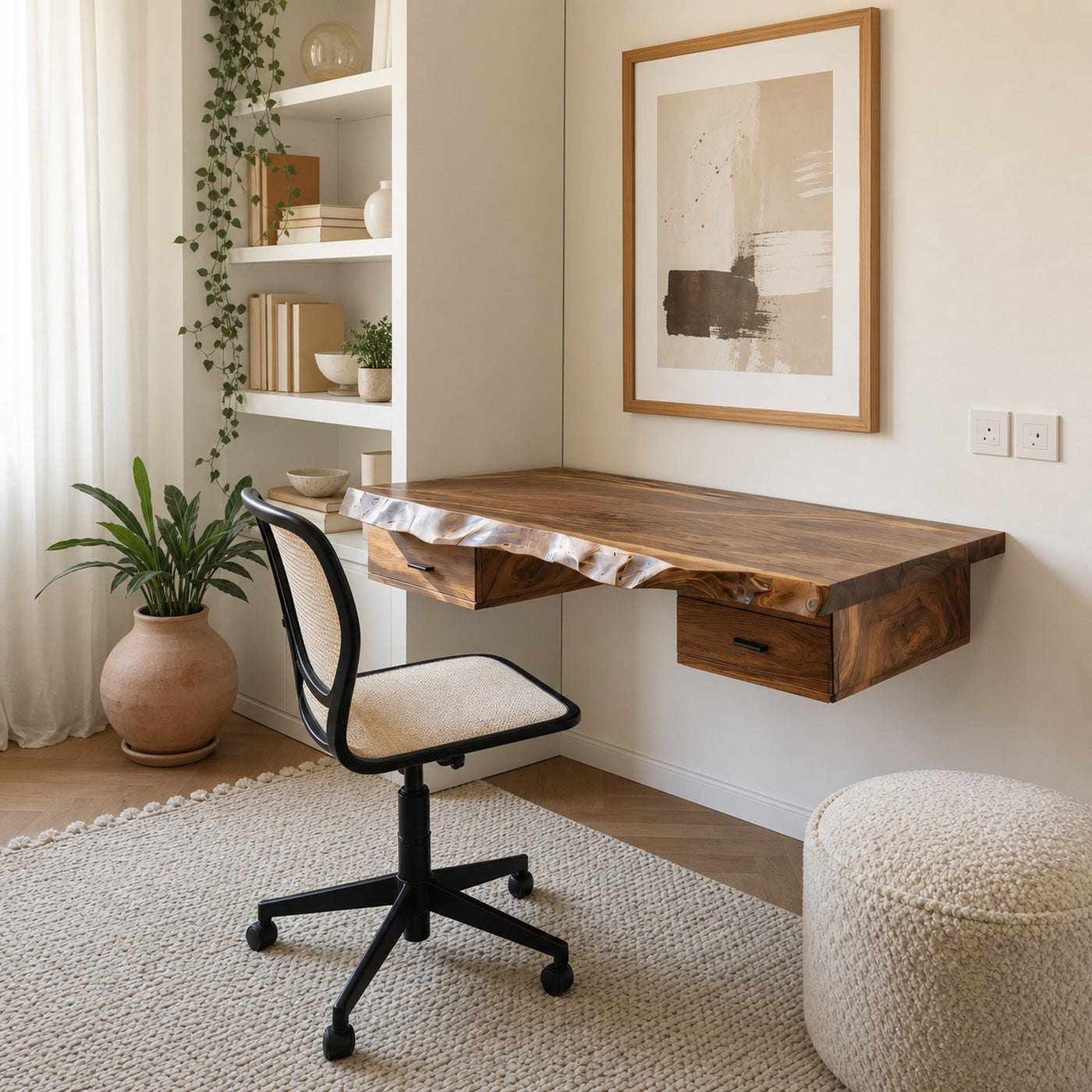 Floating Live Edge Desk With 2 Drawers For Home Office - product view 2