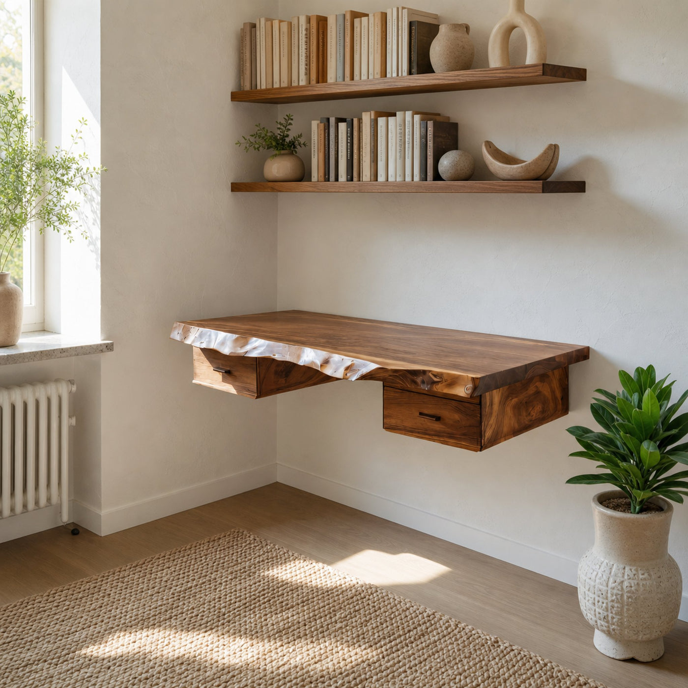 Floating Live Edge Desk With 2 Drawers For Home Office - product view 6