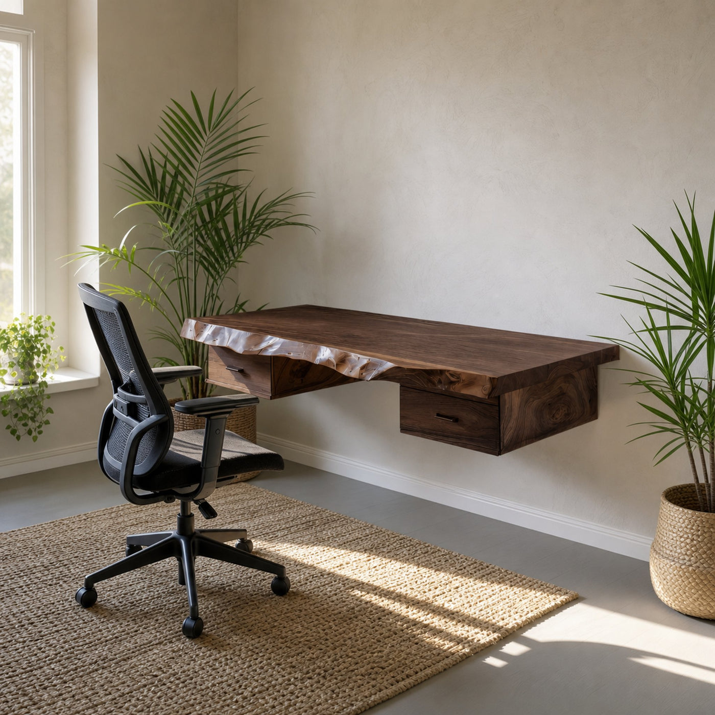 Floating Live Edge Desk With 2 Drawers For Home Office - product view 7