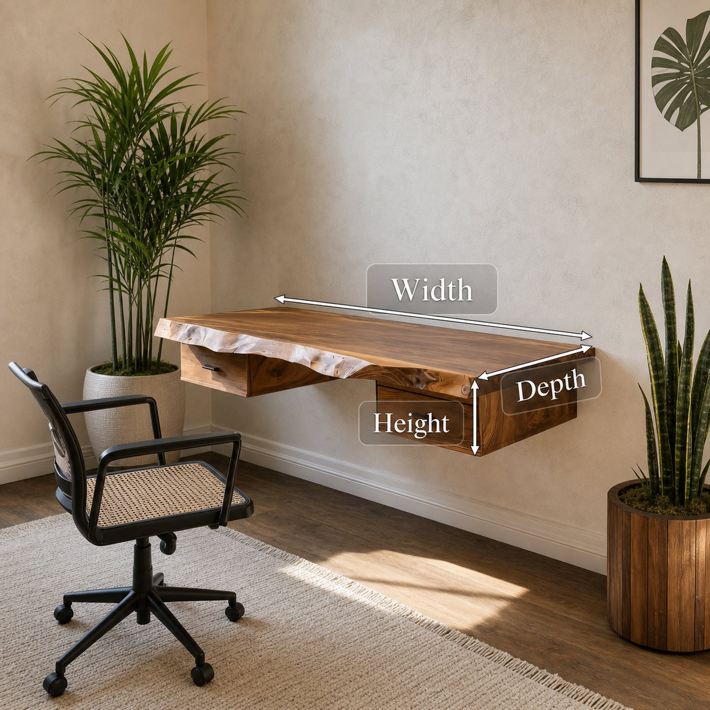 Floating Live Edge Desk With 2 Drawers For Home Office - product view 8