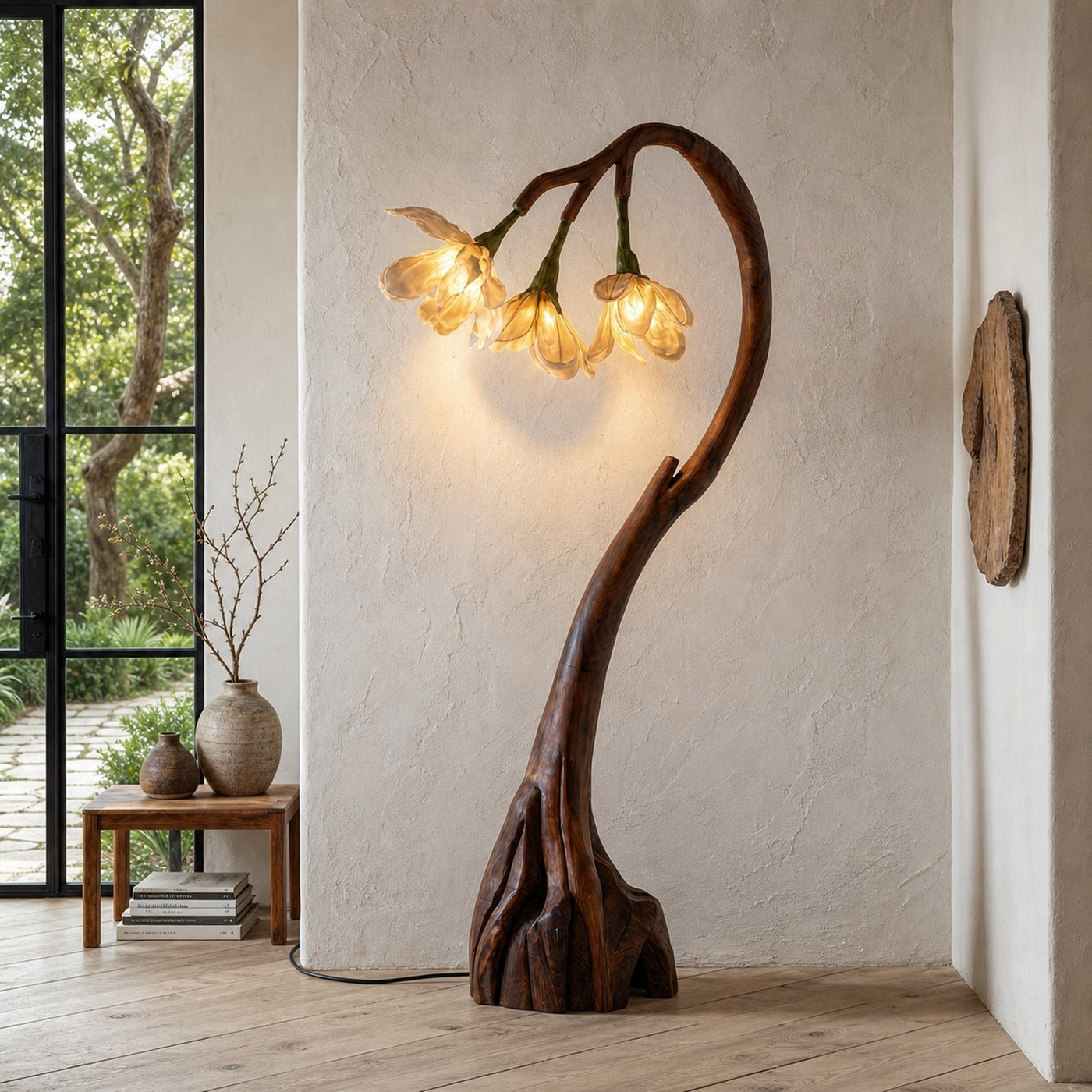 Floral Floor Lamp With Organic Wood Base For Living Room And Bedroom