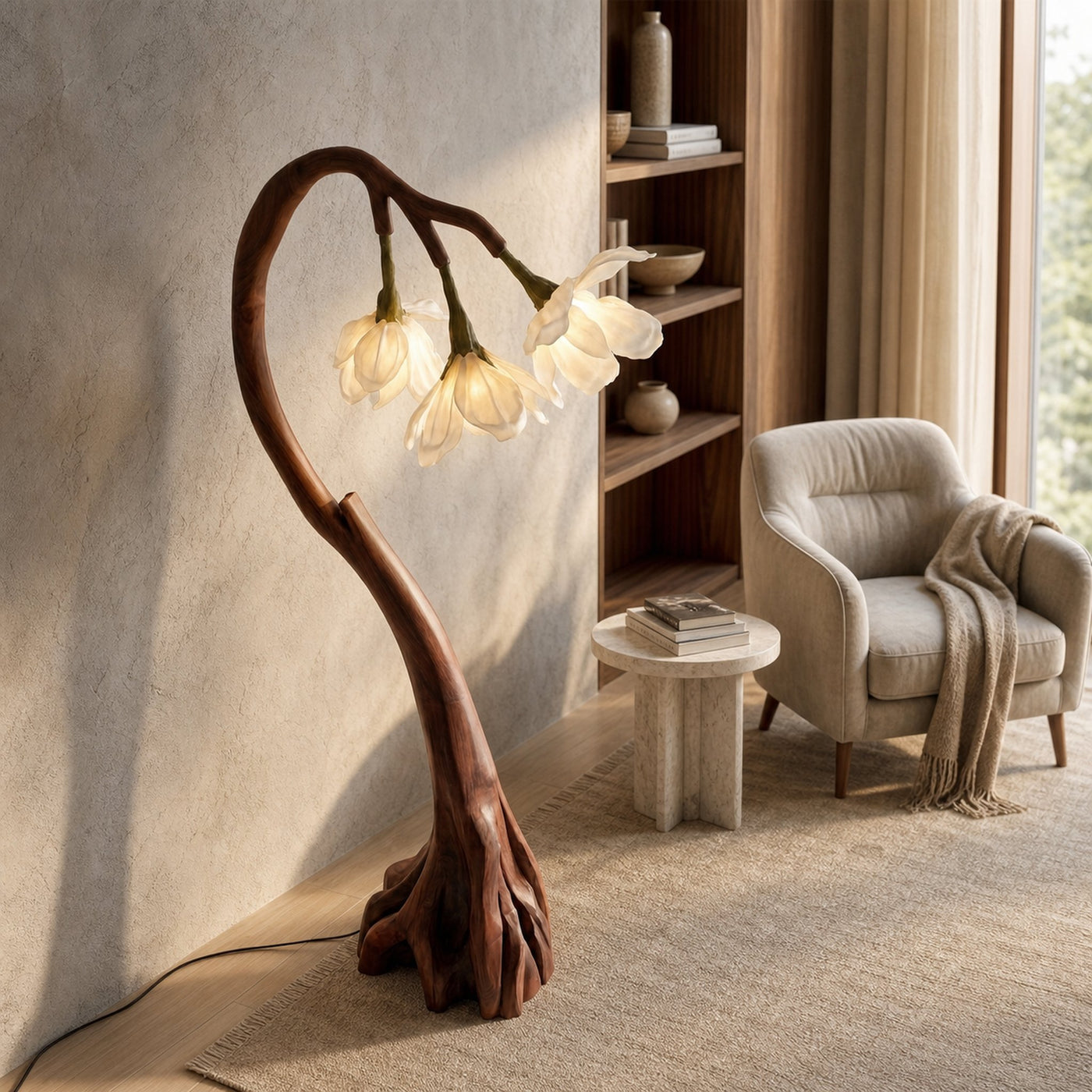 Floral Floor Lamp With Organic Wood Base For Living Room And Bedroom - product view 2