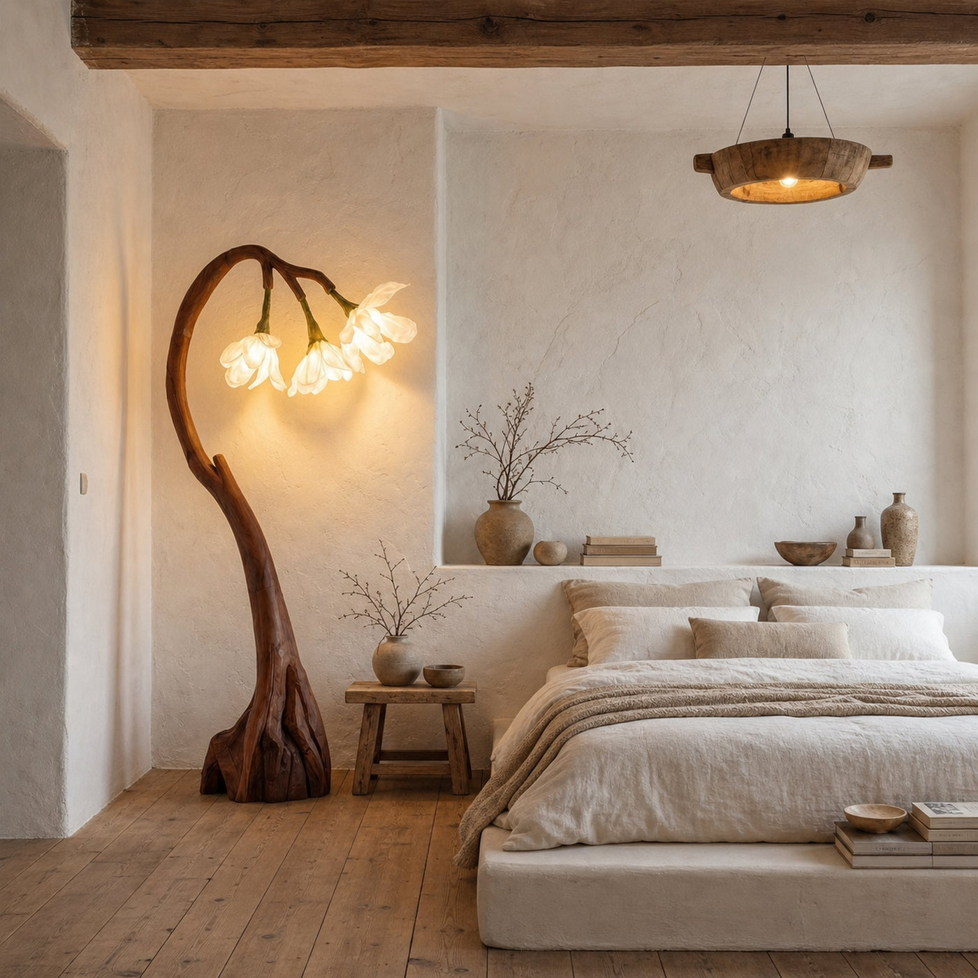 Floral Floor Lamp With Organic Wood Base For Living Room And Bedroom - product view 3