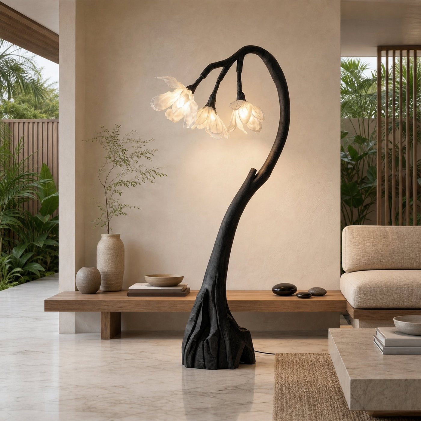 Floral Floor Lamp With Organic Wood Base For Living Room And Bedroom - product view 4