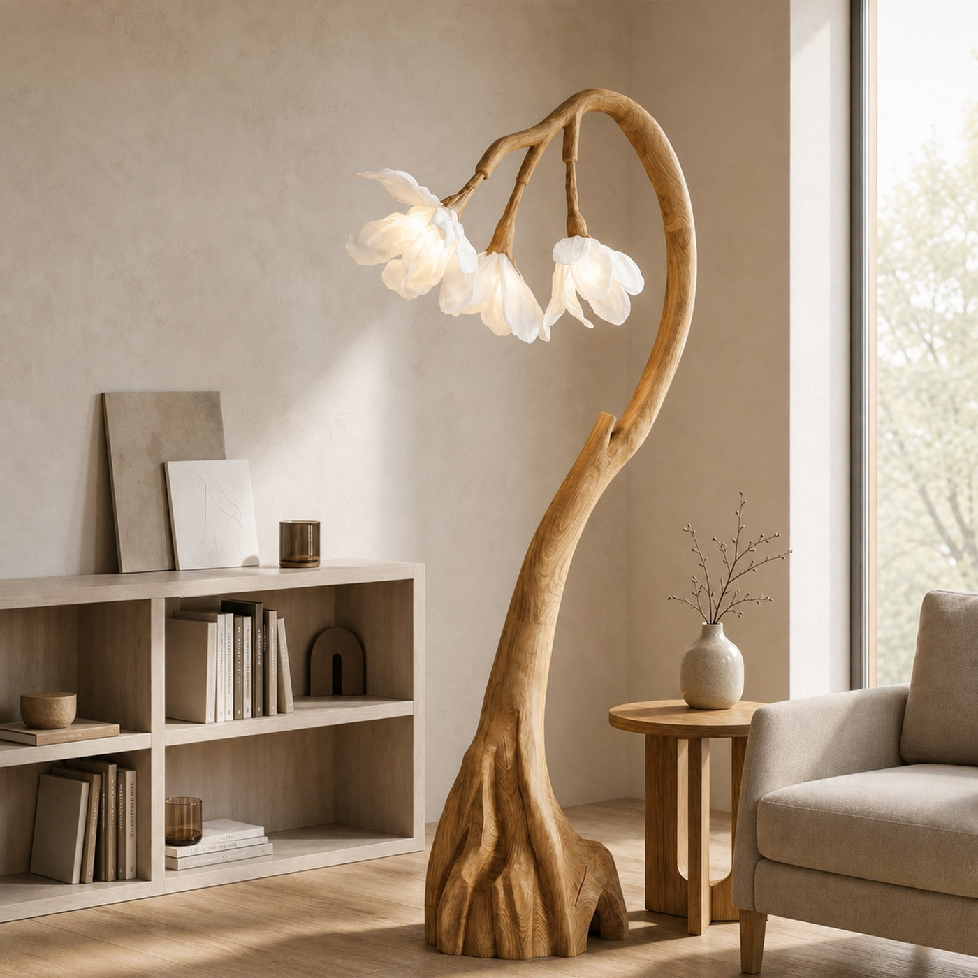 Floral Floor Lamp With Organic Wood Base For Living Room And Bedroom - product view 5