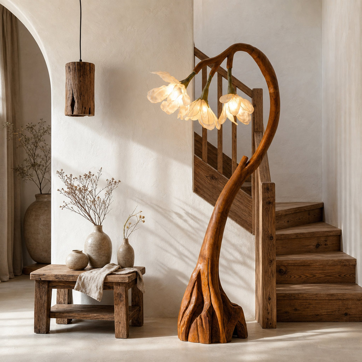 Floral Floor Lamp With Organic Wood Base For Living Room And Bedroom - product view 6