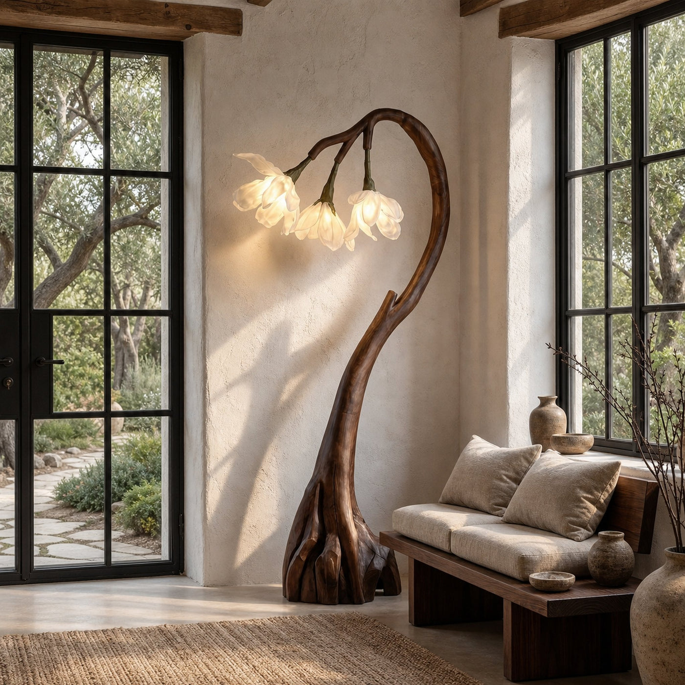 Floral Floor Lamp With Organic Wood Base For Living Room And Bedroom - product view 7