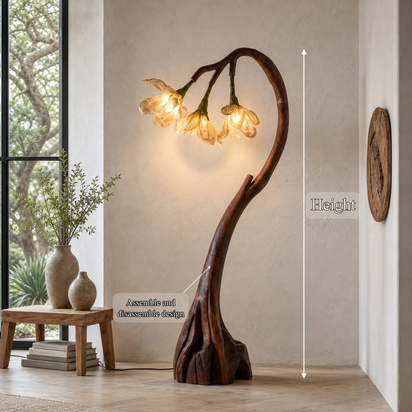 Floral Floor Lamp With Organic Wood Base For Living Room And Bedroom - product view 8