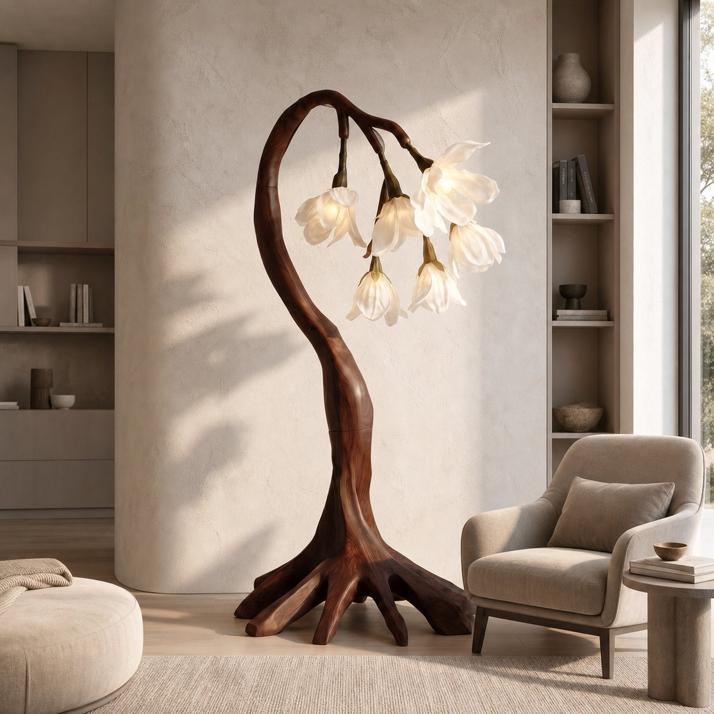 Flower Petal Floor Lamp With Solid Wood Base For Living Room And Bedroom