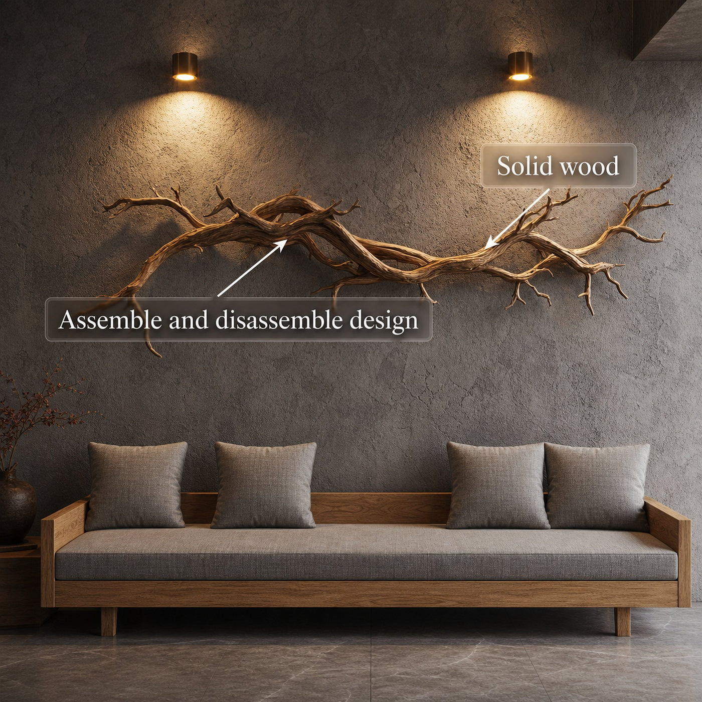 Flowing Branch Solid Wood Wall Sculpture Organic Modern Interior Decor - product view 3