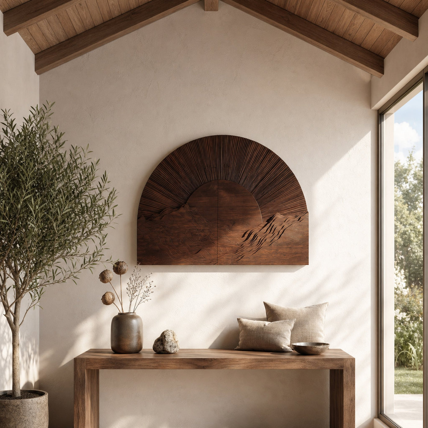 Half Moon Wall Art With Sunburst Carved Panel Design For Living Room And Entryway